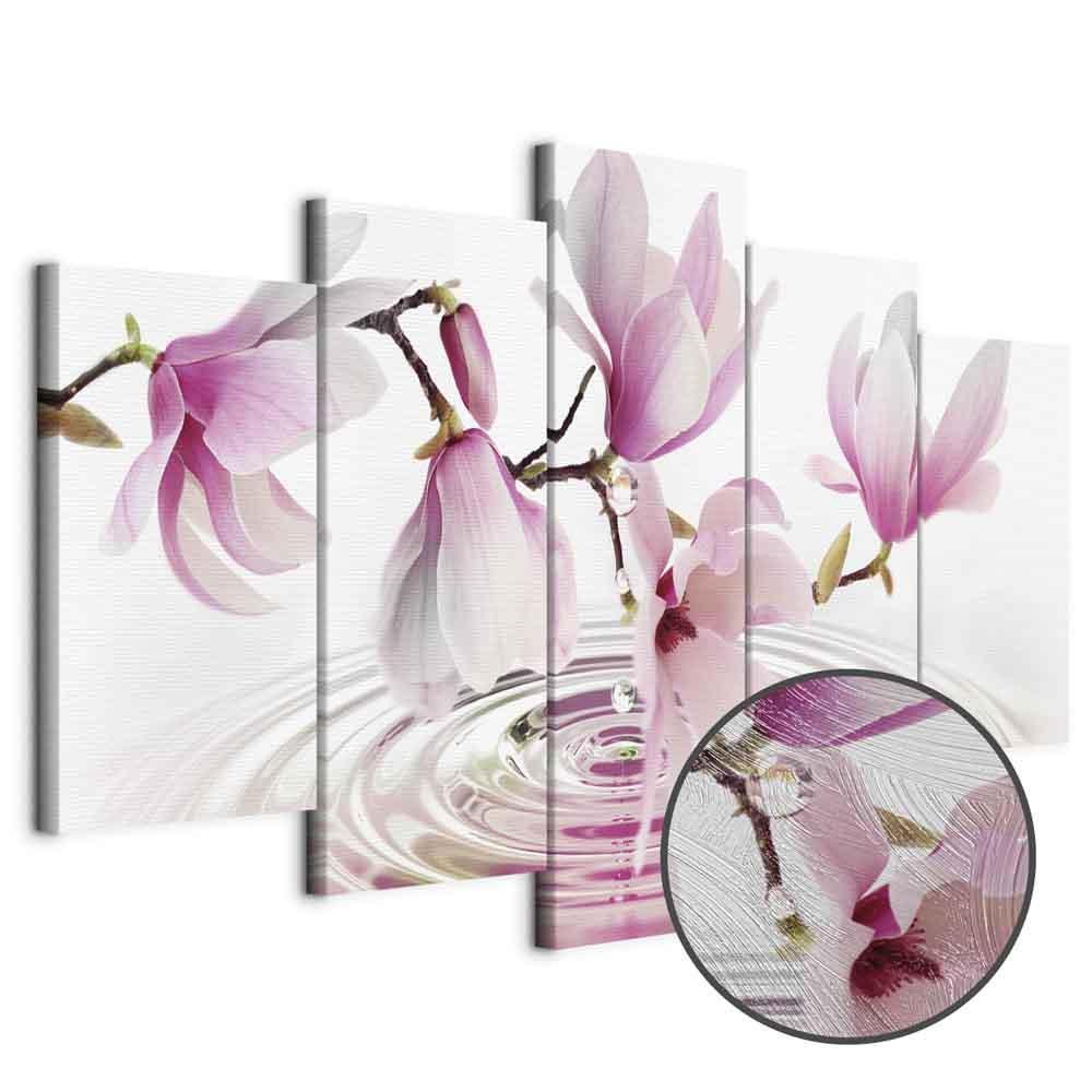 Leinwandbild Magnolien über Wasser – 5-teilig Panorama Rosa