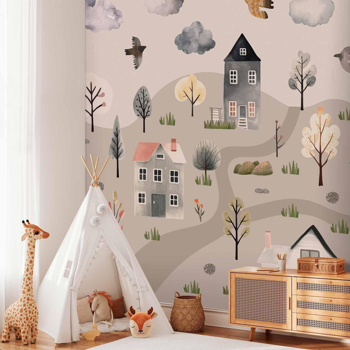 Skandinavisches Bergdorf Aquarell – Pastell Fototapete für Kinderzimmer