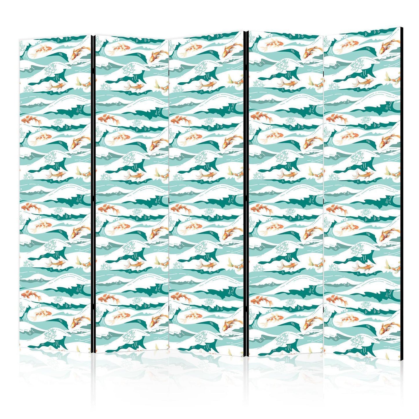 Paravent - Fish Jumping Above The Waves - Oriental Fish And Water Lilies Among High Waves in Shades of Sea Green Artgeist