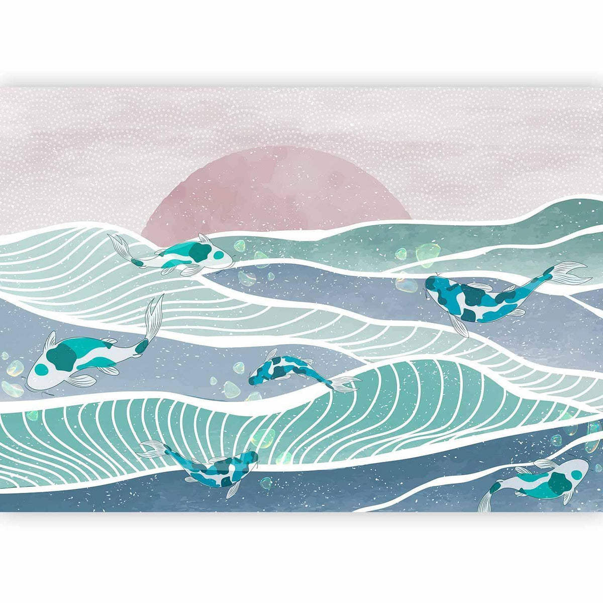 Fototapete Koi-Fische – Japanische Wellen in Teal und Rosa