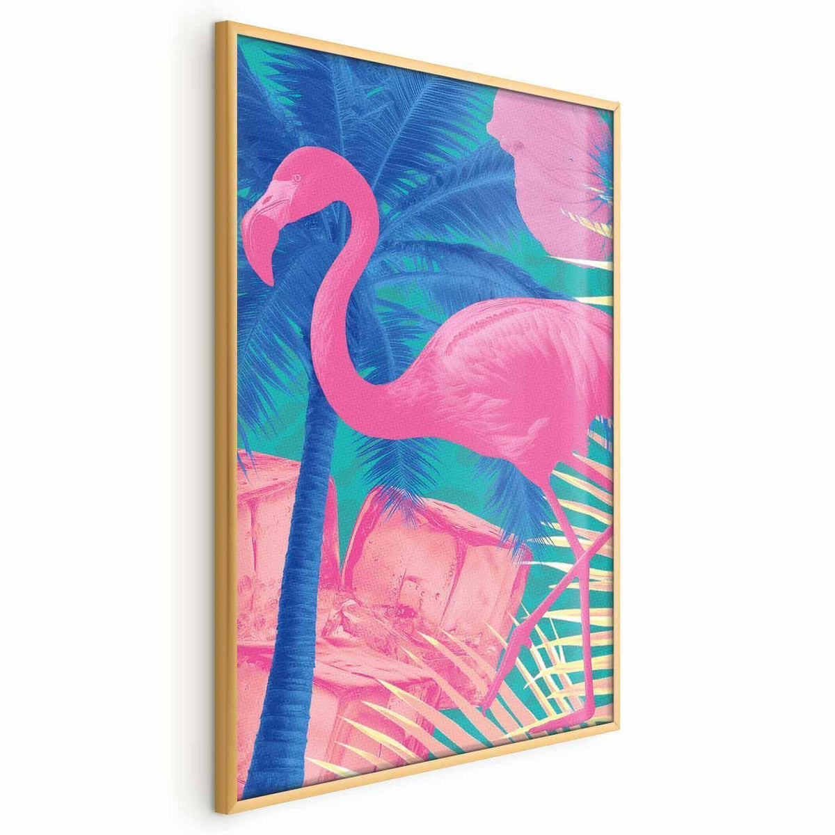Poster - Pink Flamingo - abstract flamingo against a background of palm trees and ice cubes