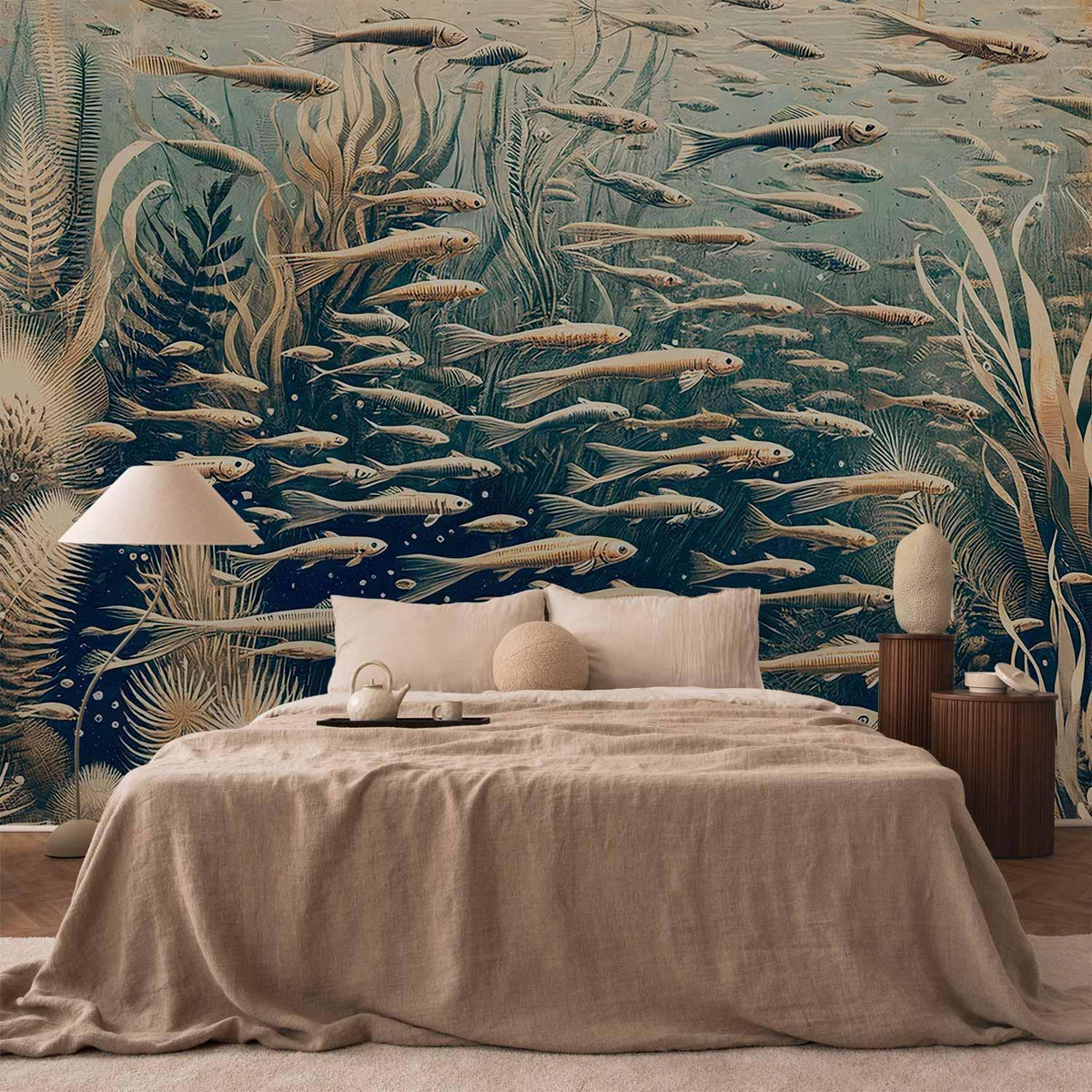 Fototapete Meeresbiologie – Fischschwarm im Vintage-Kupferstich-Stil