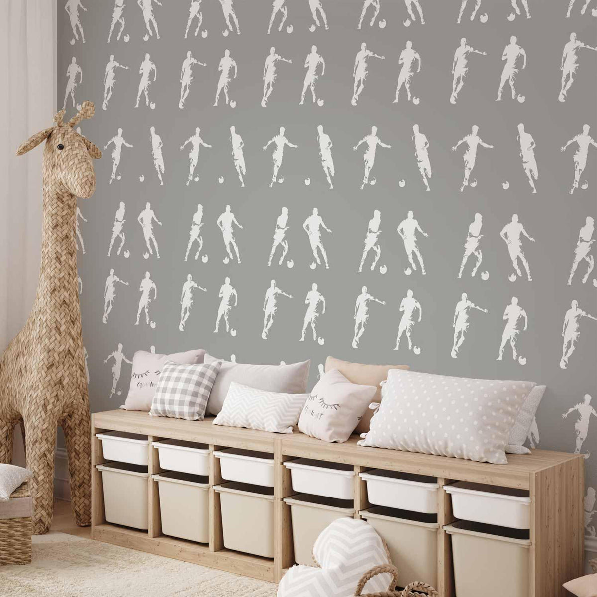 Tapete - Sports Silhouettes - Dynamic figures of soccer players on a gray background
