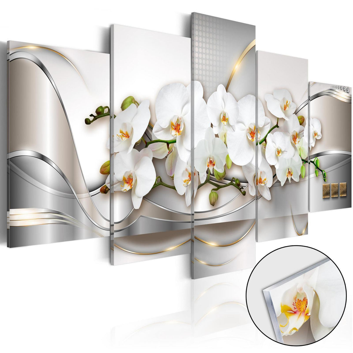 Wandbild Ozean der Unschuld – 5-teiliges Acrylglasbild mit weißen Orchideen