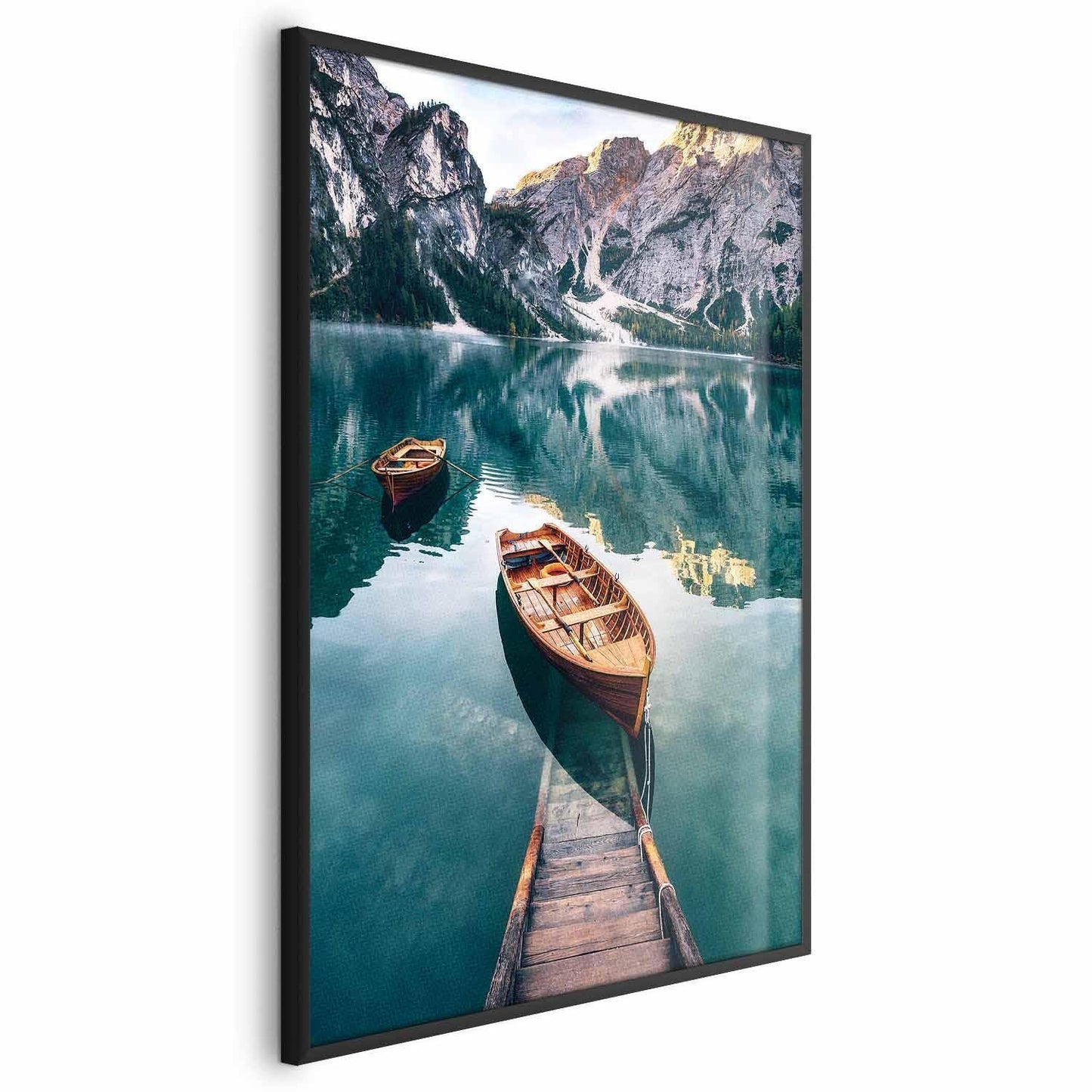 Poster featuring boats in the Dolomites, premium quality print.