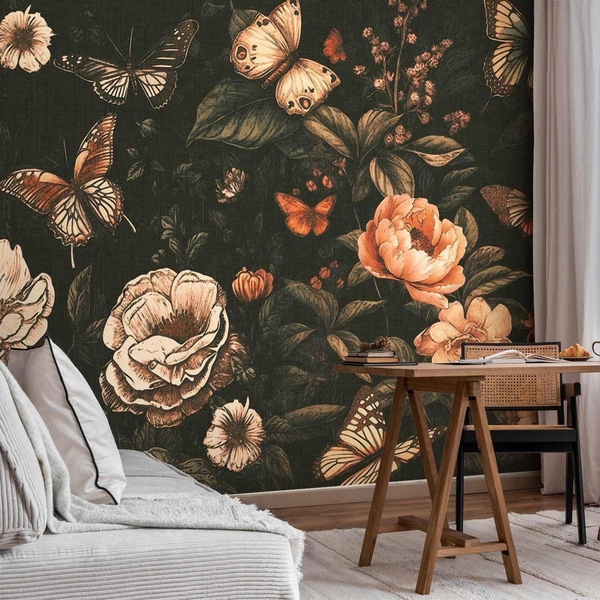 Fototapete Dunkle Pfingstrosen – Schmetterlinge und Blüten im Dutch-Masters-Stil