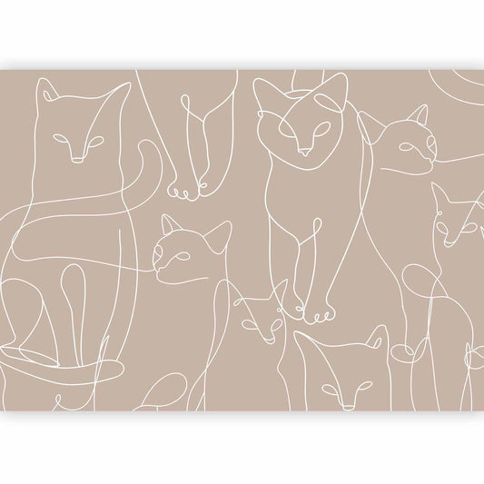 Fototapete - Cat lineart - minimalist sketches of white cats on beige background