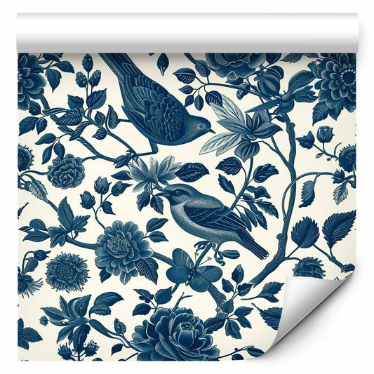 Tapete - Birds and roses - monochrome blue pattern with botanical motif