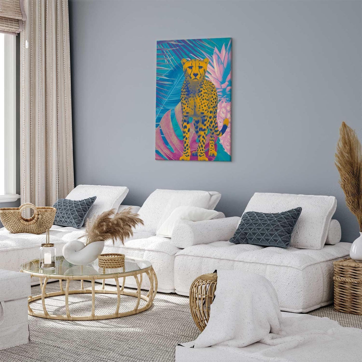 Leinwandbild - Exotic Leopard - Colorful Portrait of a Cheetah Against Tropical Leaves Artgeist