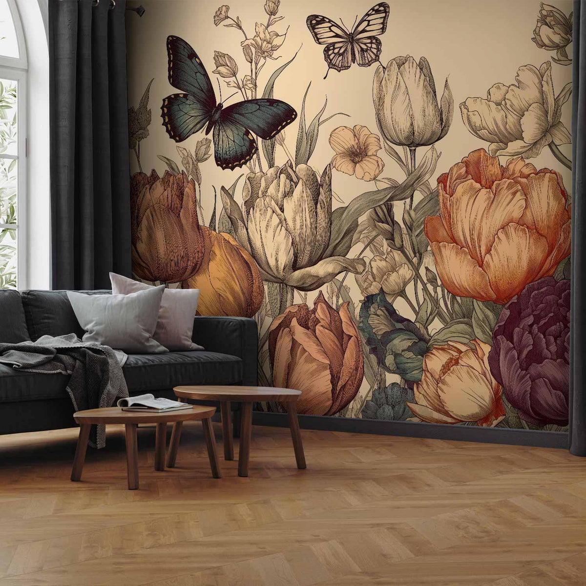 Fototapete Tulpen & Schmetterlinge – Botanische Vintage-Illustration auf Creme