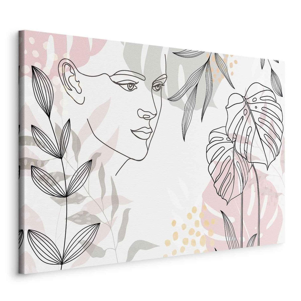Leinwandbild Frau mit Monstera Blättern – Moderne Line Art
