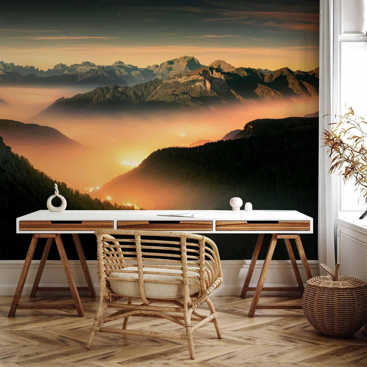 Fototapete Sonnige Berge – Berglandschaft mit Sonnennebel