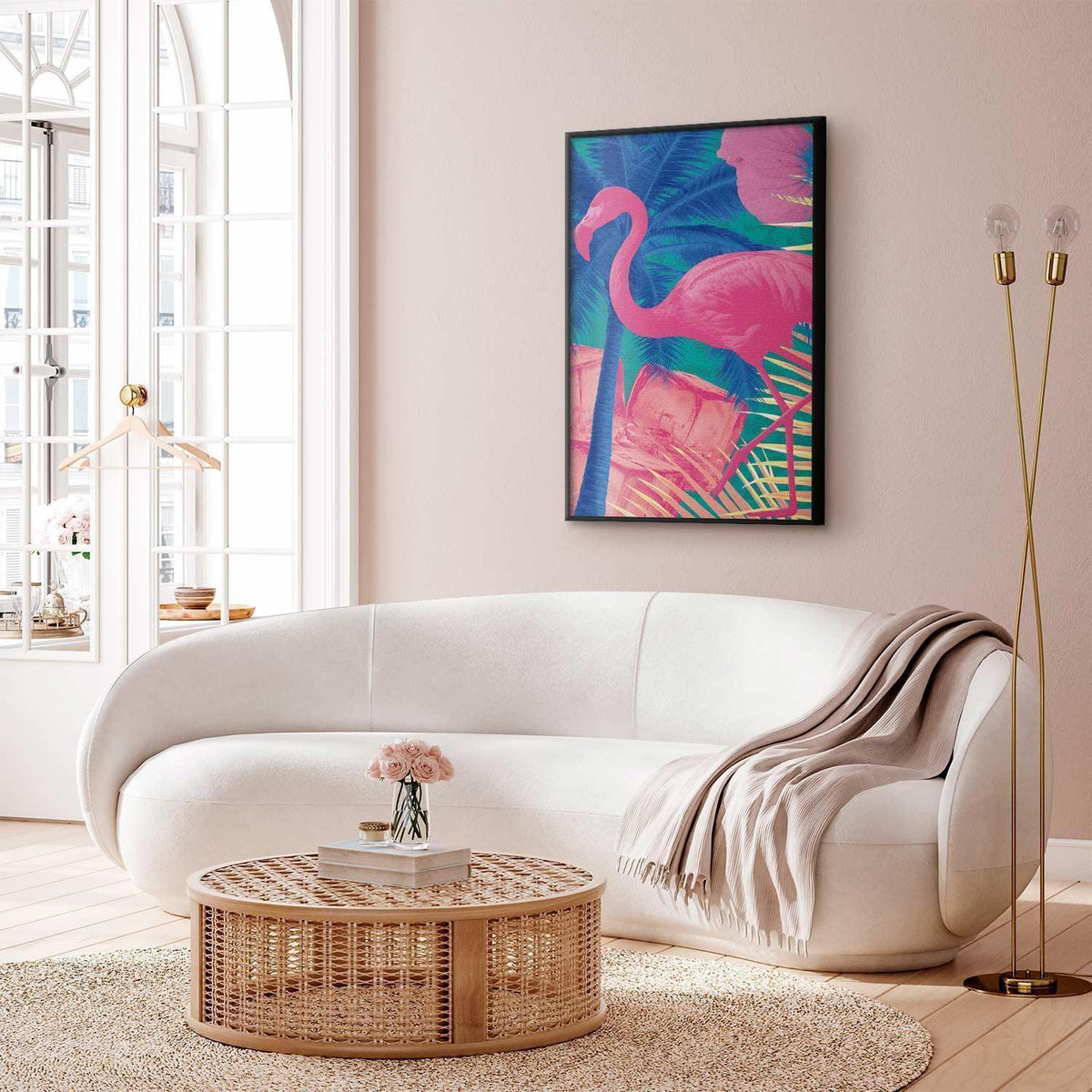 Poster - Pink Flamingo - abstract flamingo against a background of palm trees and ice cubes