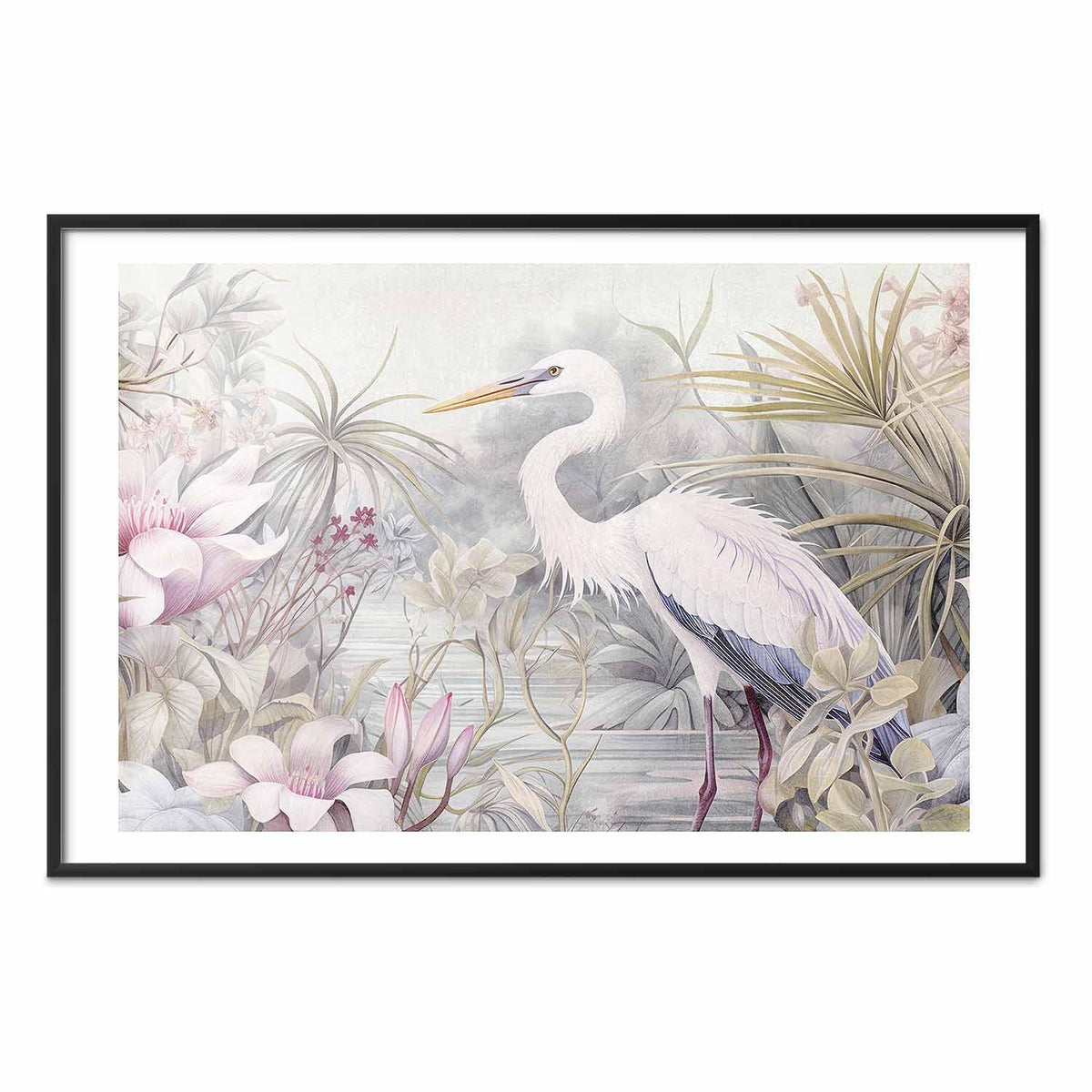 Poster - Heron Wading in a Pond - illustration in light colors