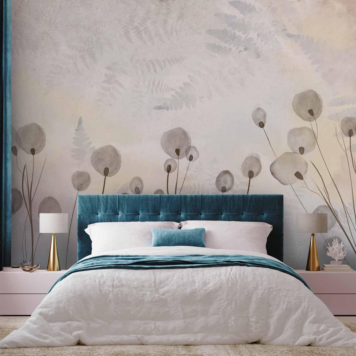 Fototapete - Minimalist meadow - floral motif in light shades with reflections