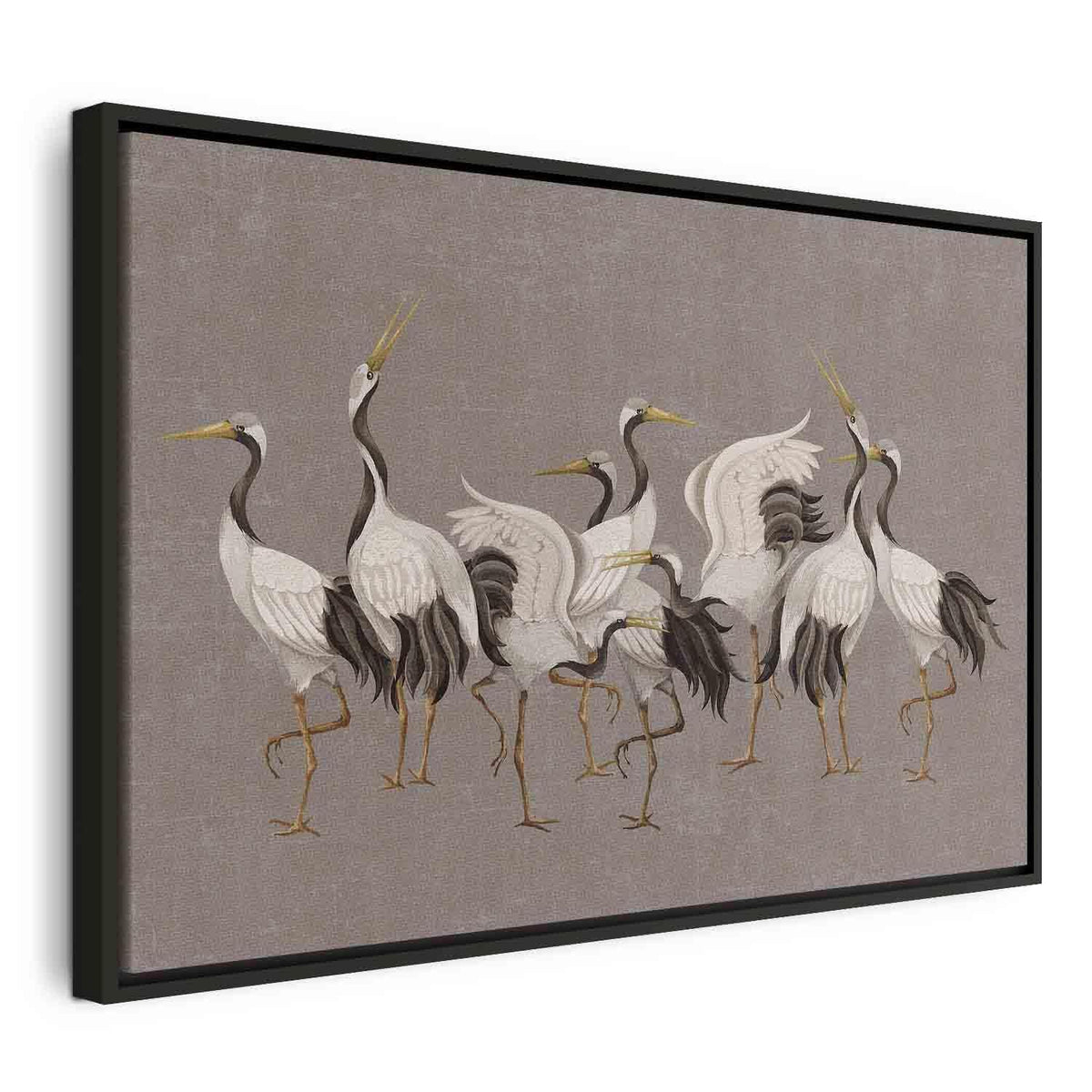 Leinwandbild - Crane dance – bright silhouettes of birds against a warm grey background with texture
