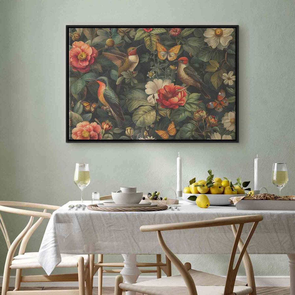 Leinwandbild - Flowers, birds and butterflies – vintage-style illustration