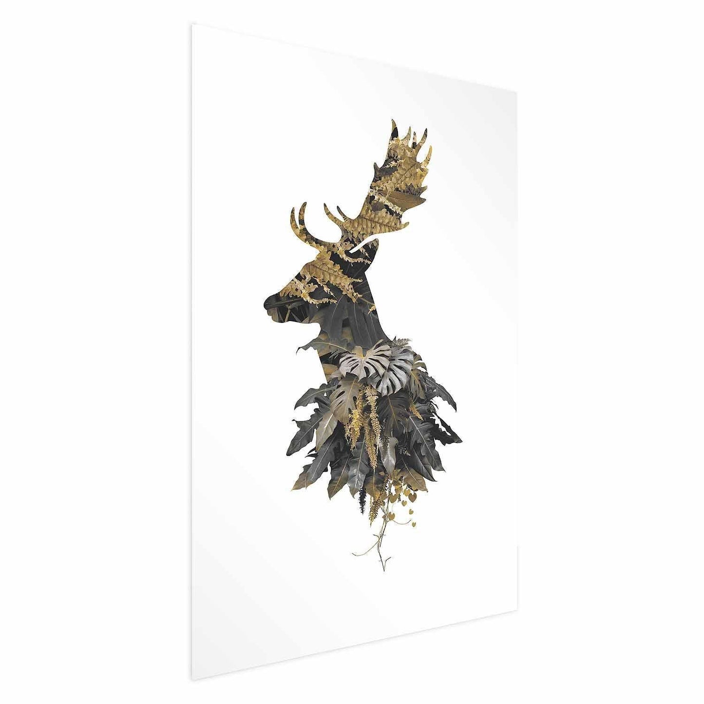 Poster featuring forest deer with botanical details on a white background.