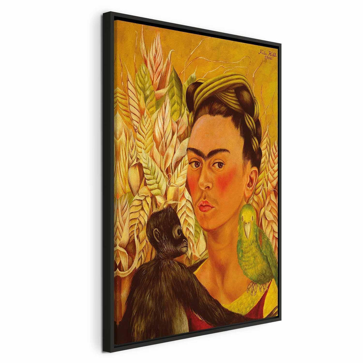 Leinwandbild - Frida Kahlo – Self-Portrait with Monkey and Parrot