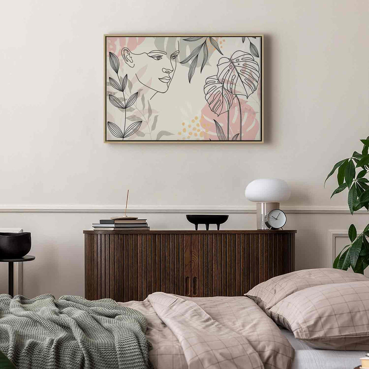 Leinwandbild Frau mit Monstera Blättern – Moderne Line Art