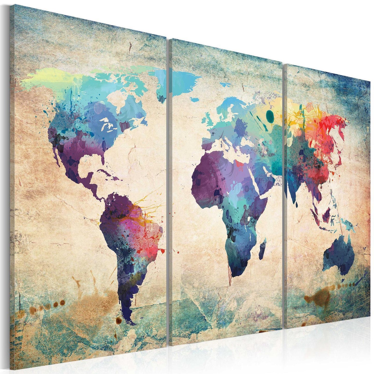 Leinwandbild „Rainbow Map“ – Bunte Weltkarte als dreiteiliges Wandbild