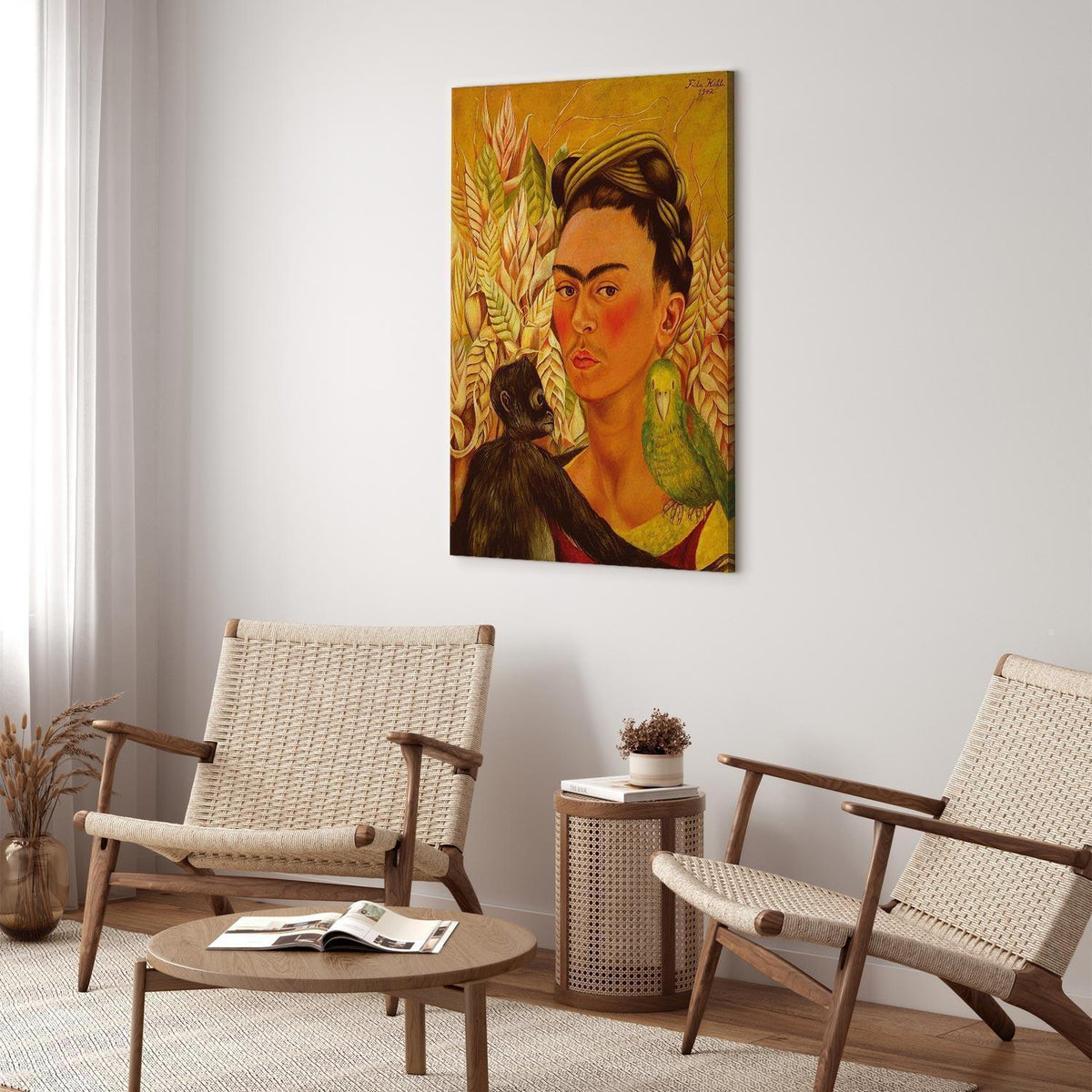 Leinwandbild - Frida Kahlo – Self-Portrait with Monkey and Parrot