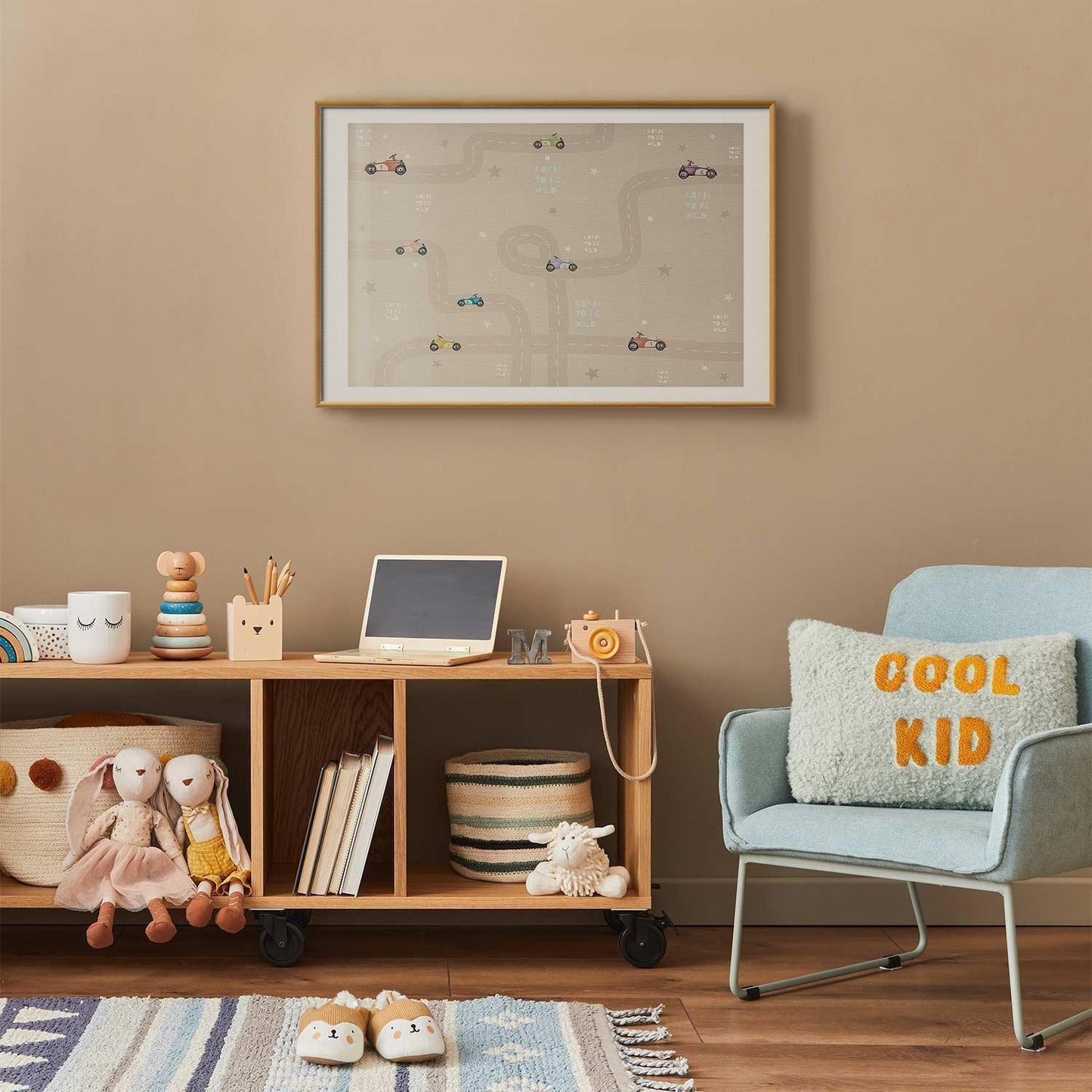 Poster featuring racing cars in a children's room setting.
