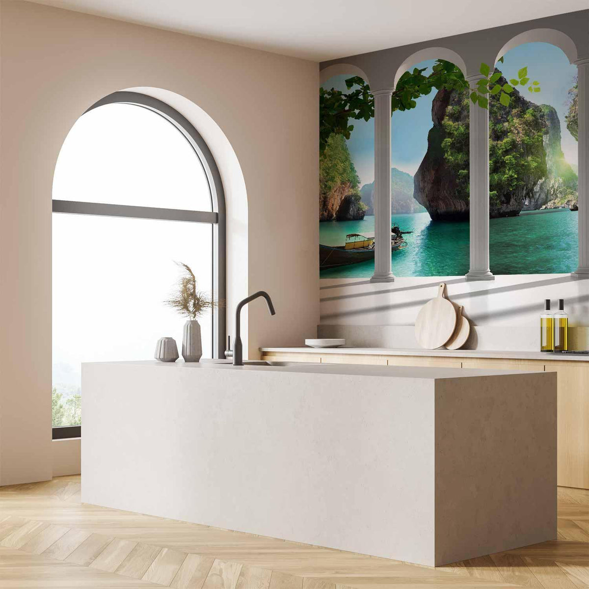 Fototapete Auf der Terrasse – Mediterrane Meerblick-Idylle mit Säulen