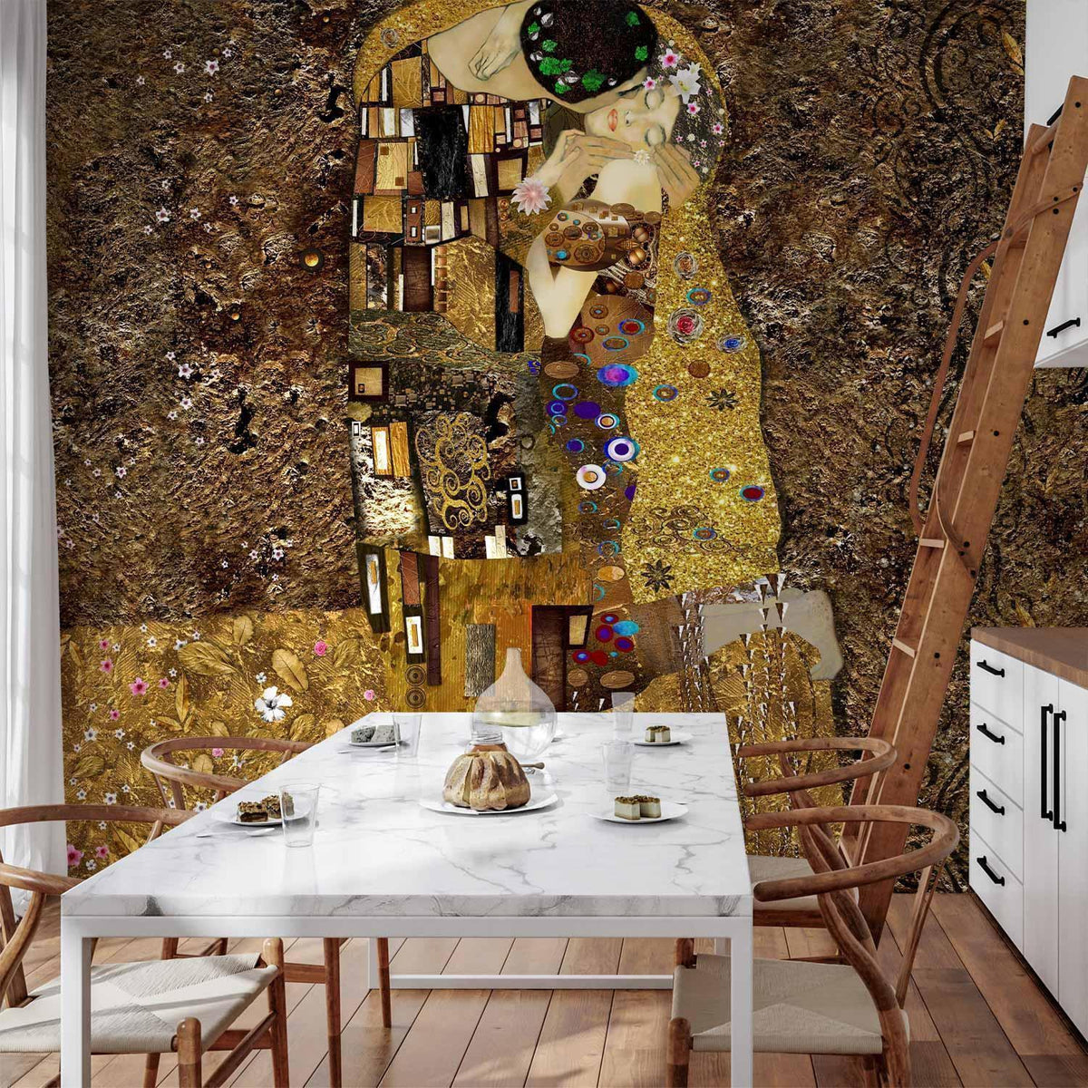 Fototapete Goldener Kuss – Klimt-inspirierte Kunst mit Goldornamenten