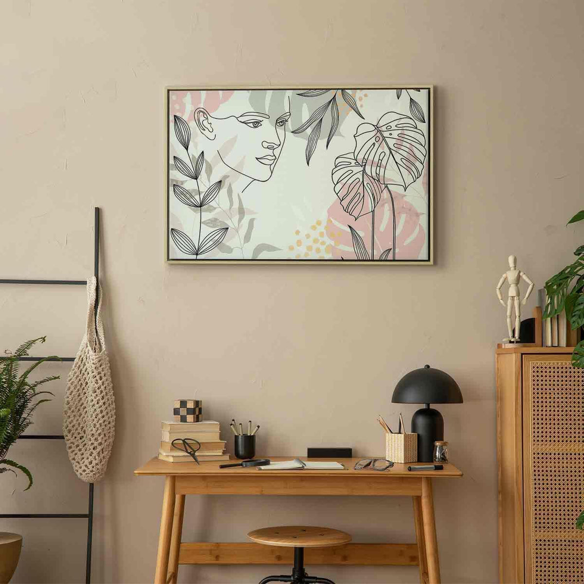 Leinwandbild Frau mit Monstera Blättern – Moderne Line Art