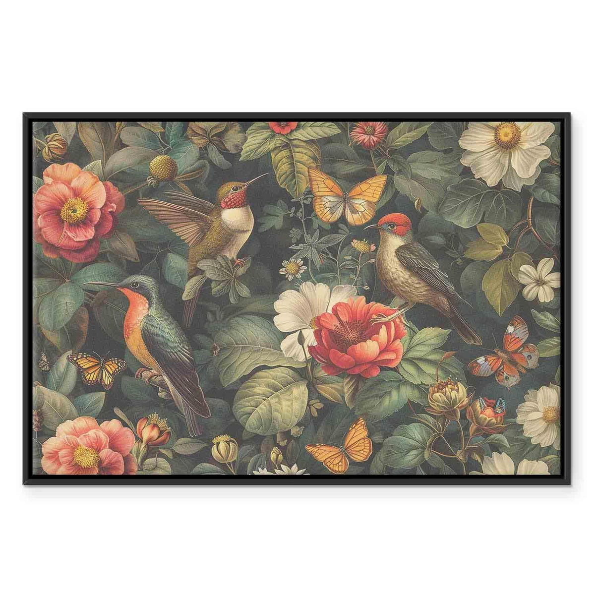 Leinwandbild - Flowers, birds and butterflies – vintage-style illustration
