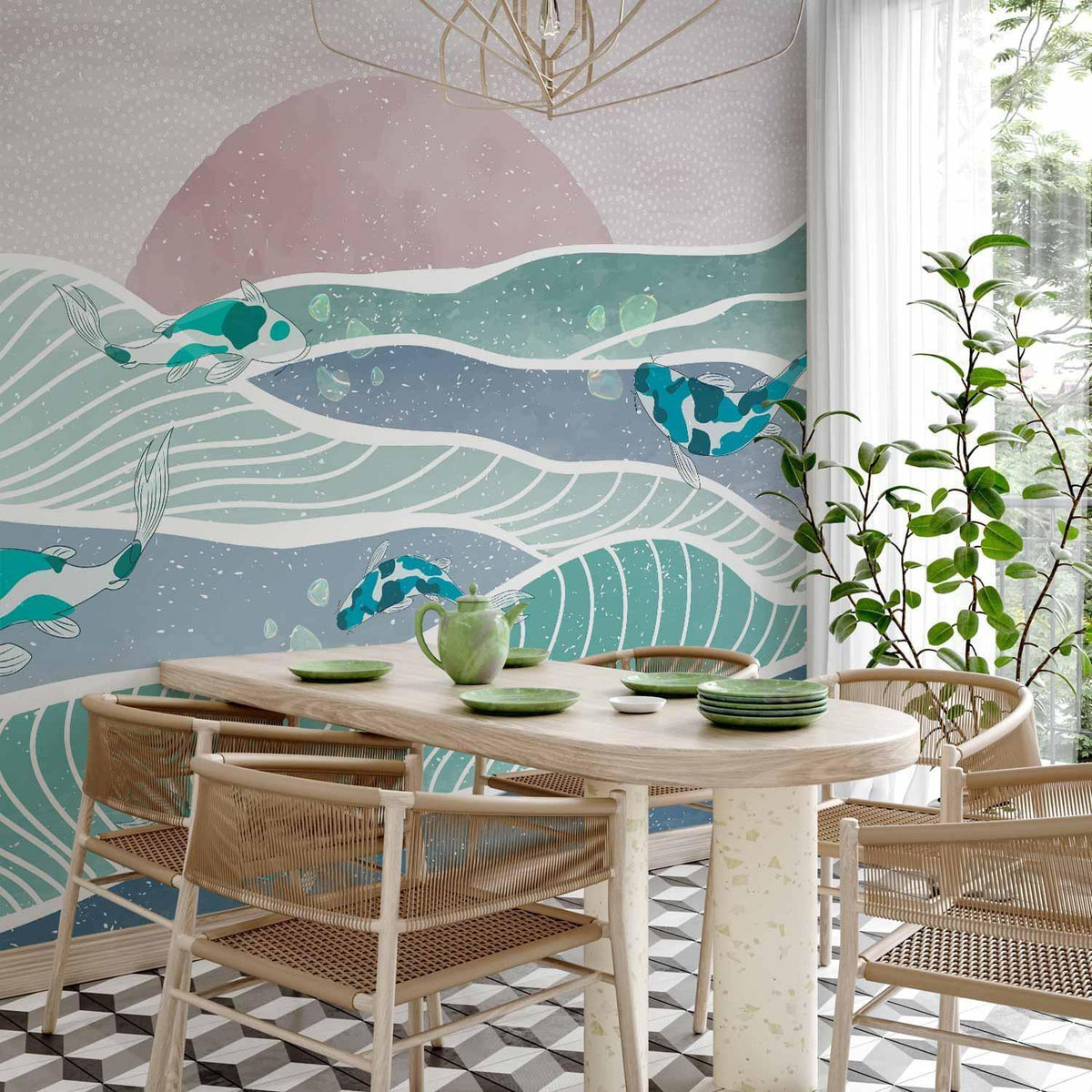Fototapete Koi-Fische – Japanische Wellen in Teal und Rosa