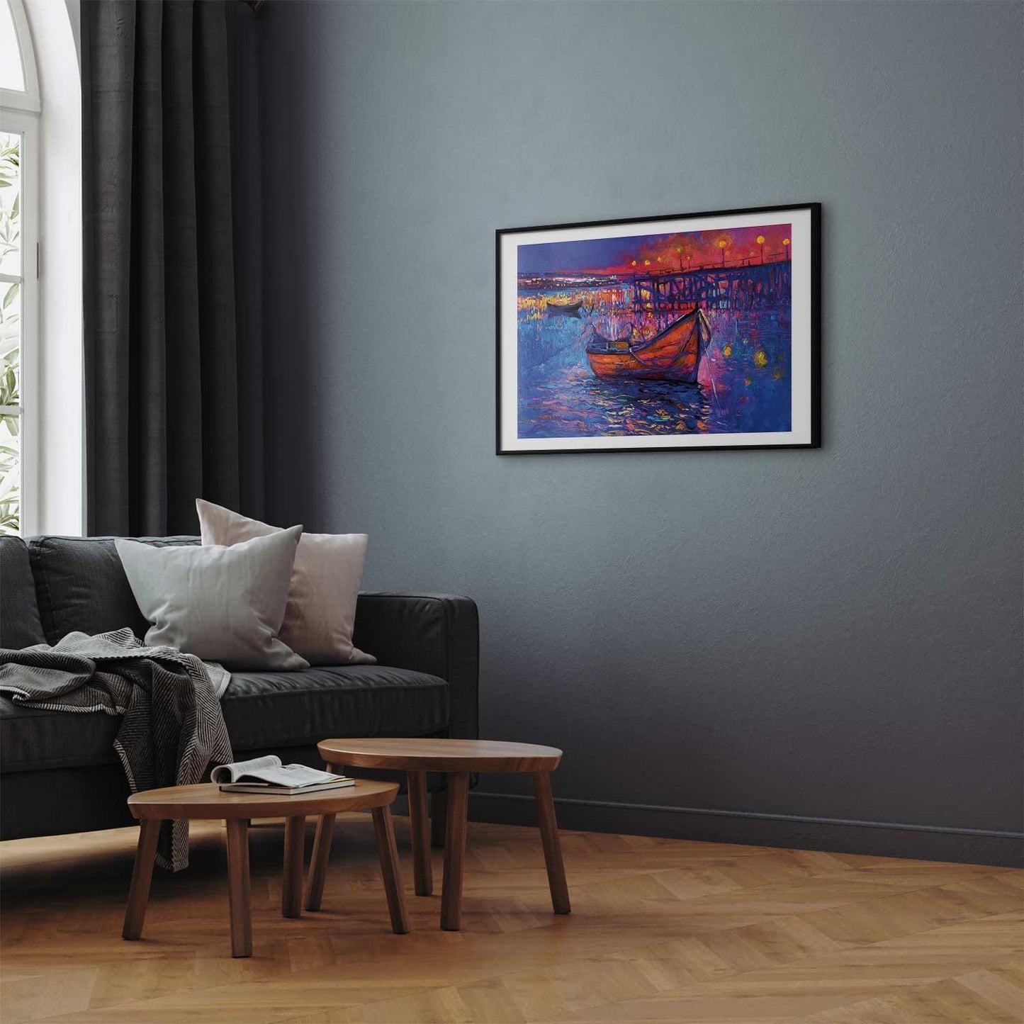 Poster - Modern impressionism - night landscape of a lake with a floating boat