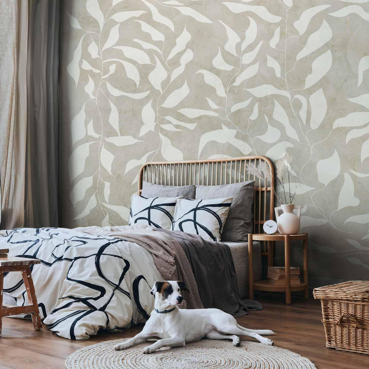 Fototapete - White leaves - abstract plant motif on beige background with frame