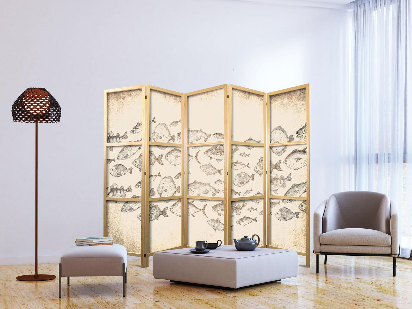 Japanischer Paravent - Sketch of a School of Fish - Sketches of Various Species of Fish Swimming in a School on a Beige Background in Vintage Style Artgeist