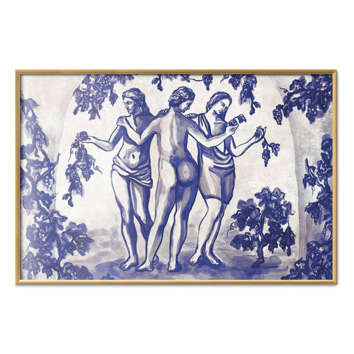 Poster - Ancient Vineyard - three women in a portal painted in blue ink
