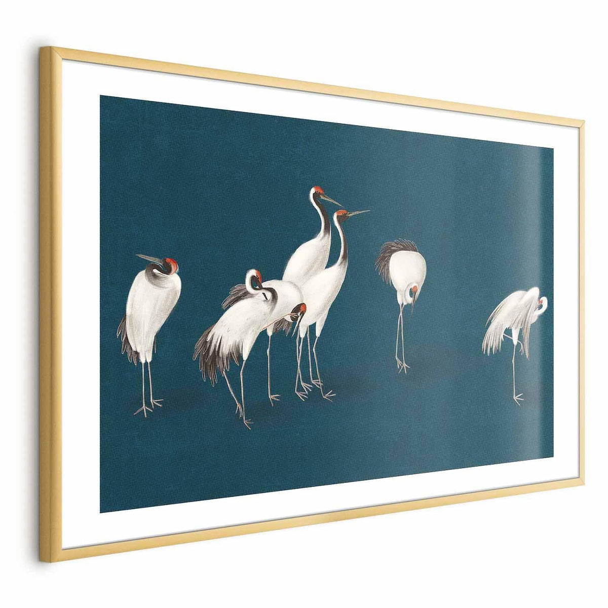 Poster - Evening at the Pond - group of cranes drawn in dry pastel on a dark turquoise background