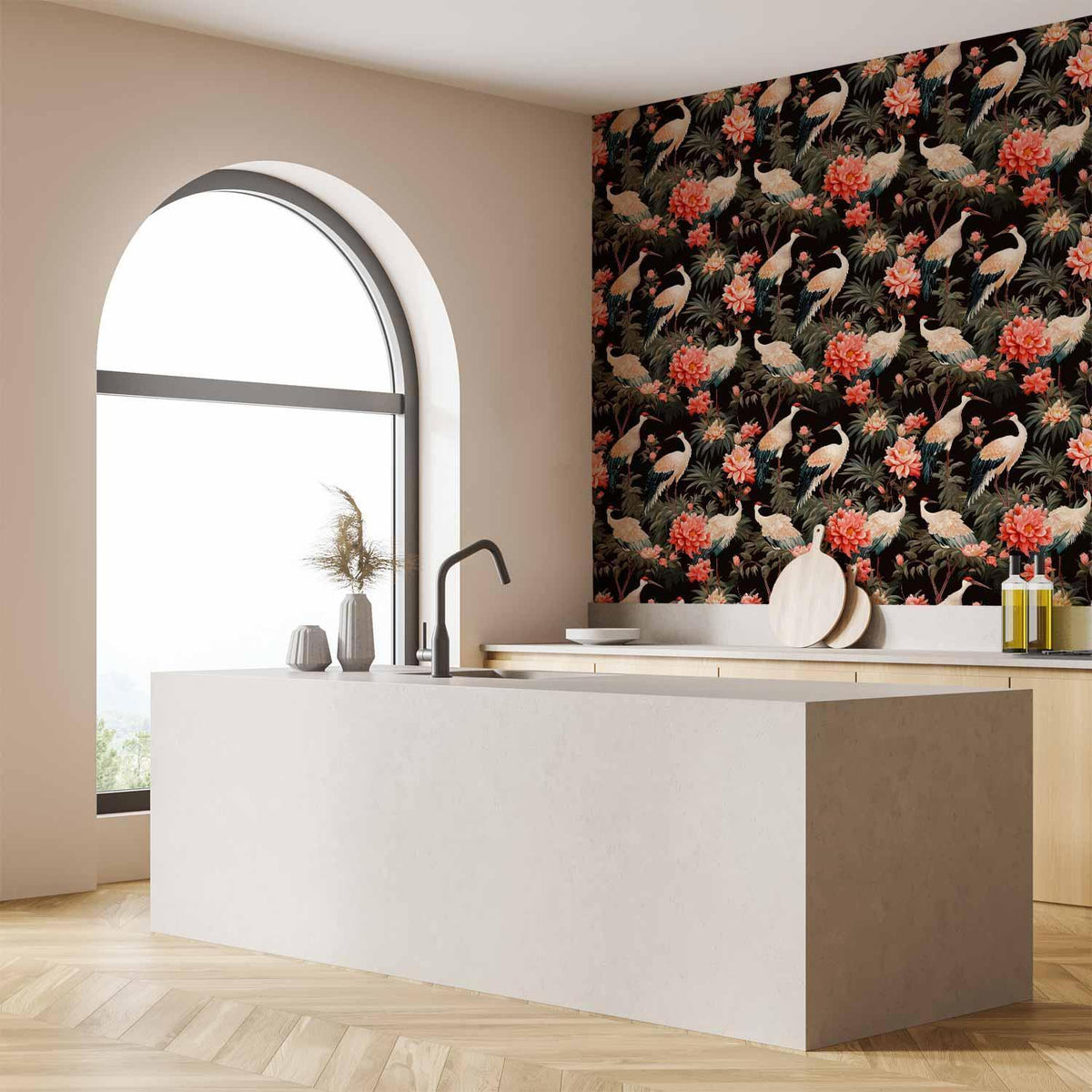 Tapete - Ornament with birds - silhouettes of cranes and peony flowers on a dark background