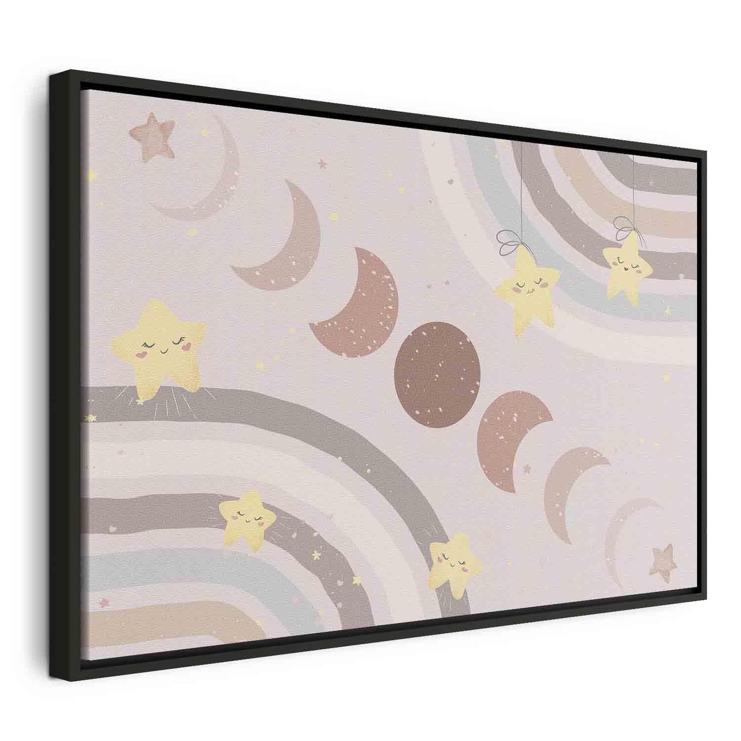 Leinwandbild - Joyful Sky - Yellow Cheerful Stars with a Rainbow Against the Phases of the Moon in a Light Beige Sky Hue Artgeist