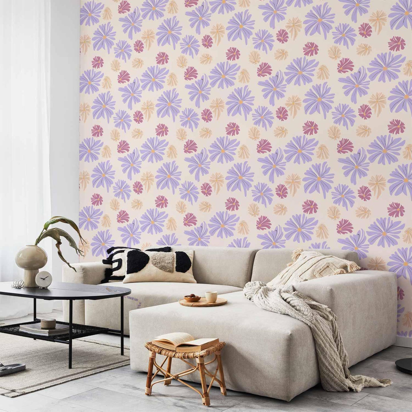 Tapete - Floating Flowers - Tiny - wind-borne flowers in three colors - on a light background