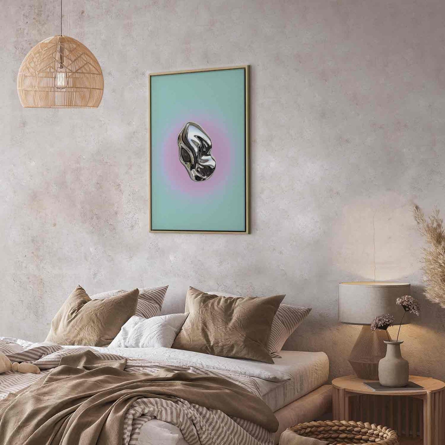 Leinwandbild - Metallic Form - Abstract Sculpture on a Mint Background with a Purple Halo Artgeist