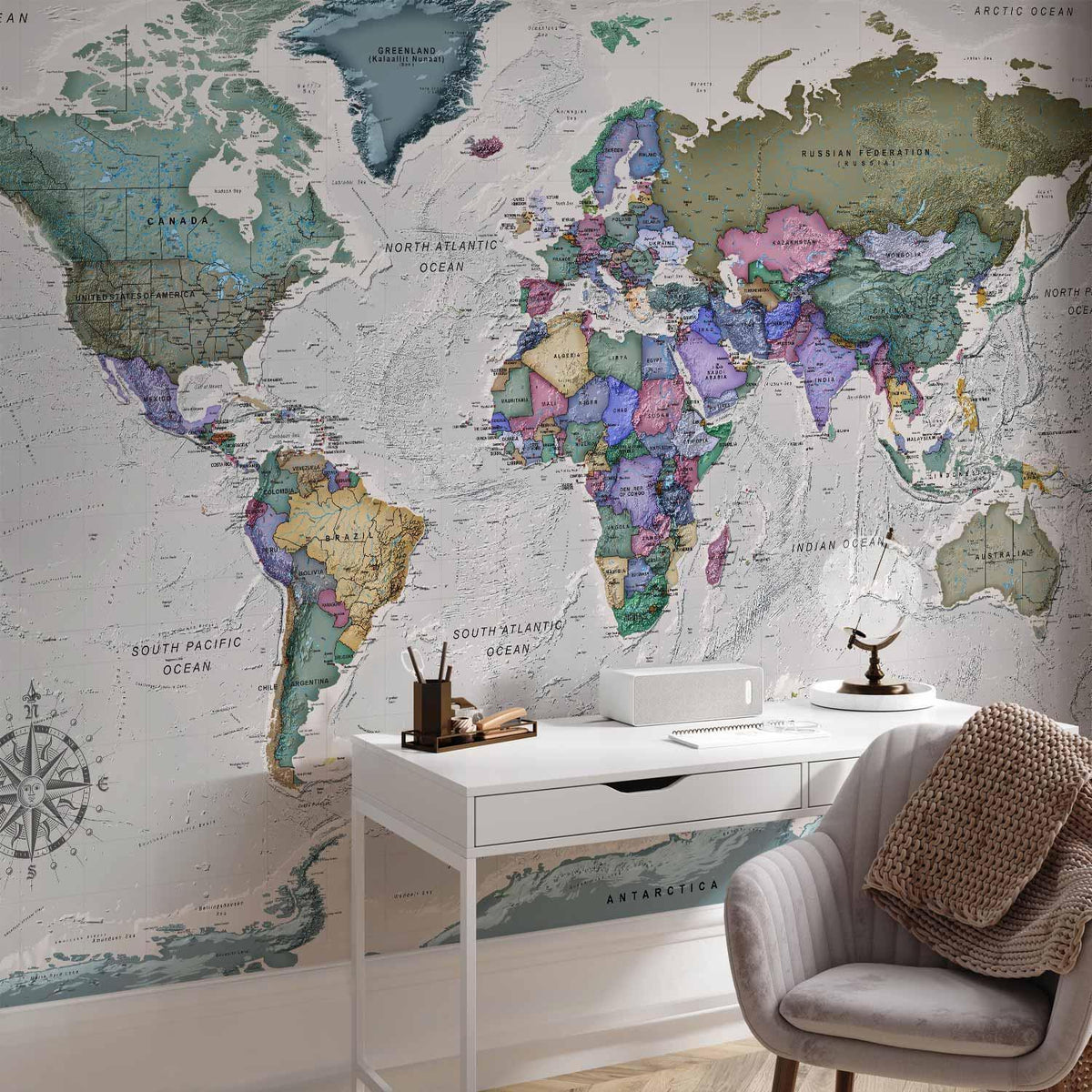 Fototapete - Geography study - world map with signed countries in English