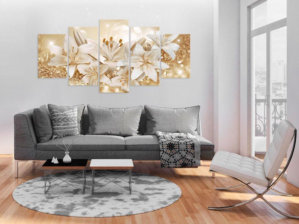 Wandbild Goldener Blütenstrauß – 5-teiliges Acrylglasbild mit weißen Lilien