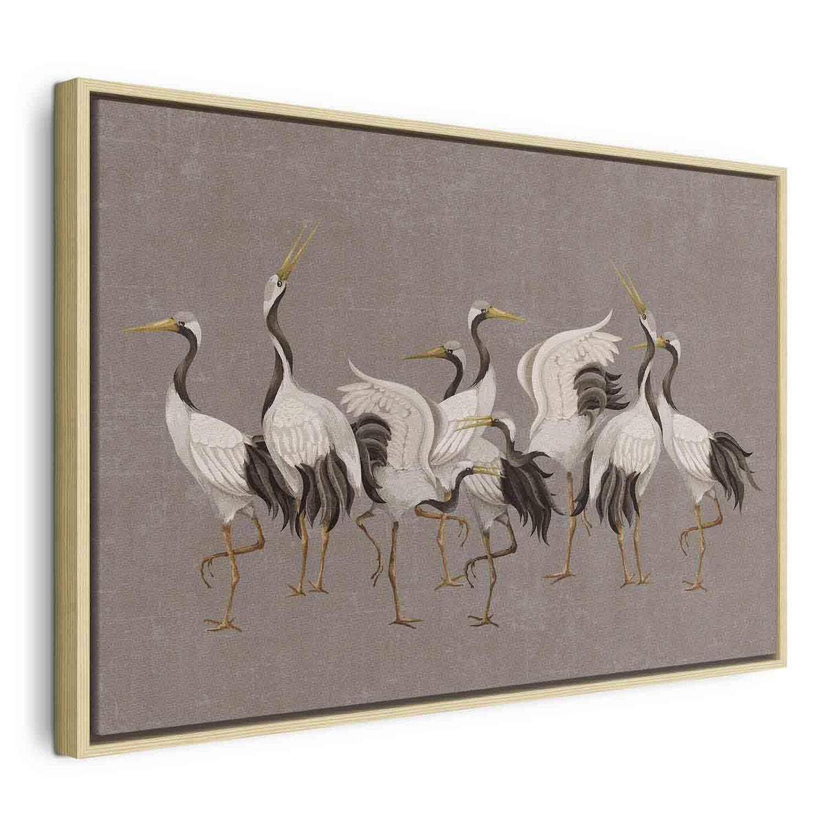 Leinwandbild - Crane dance – bright silhouettes of birds against a warm grey background with texture