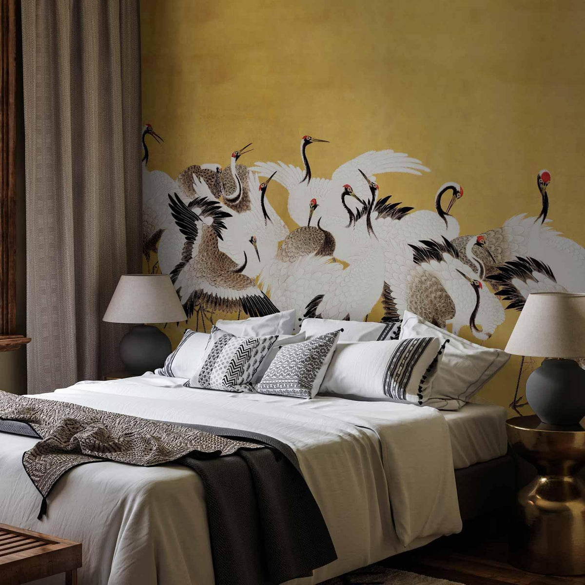 Fototapete Kranichtanz - Vogelschwarm auf Gold nach Ishida Yūtei