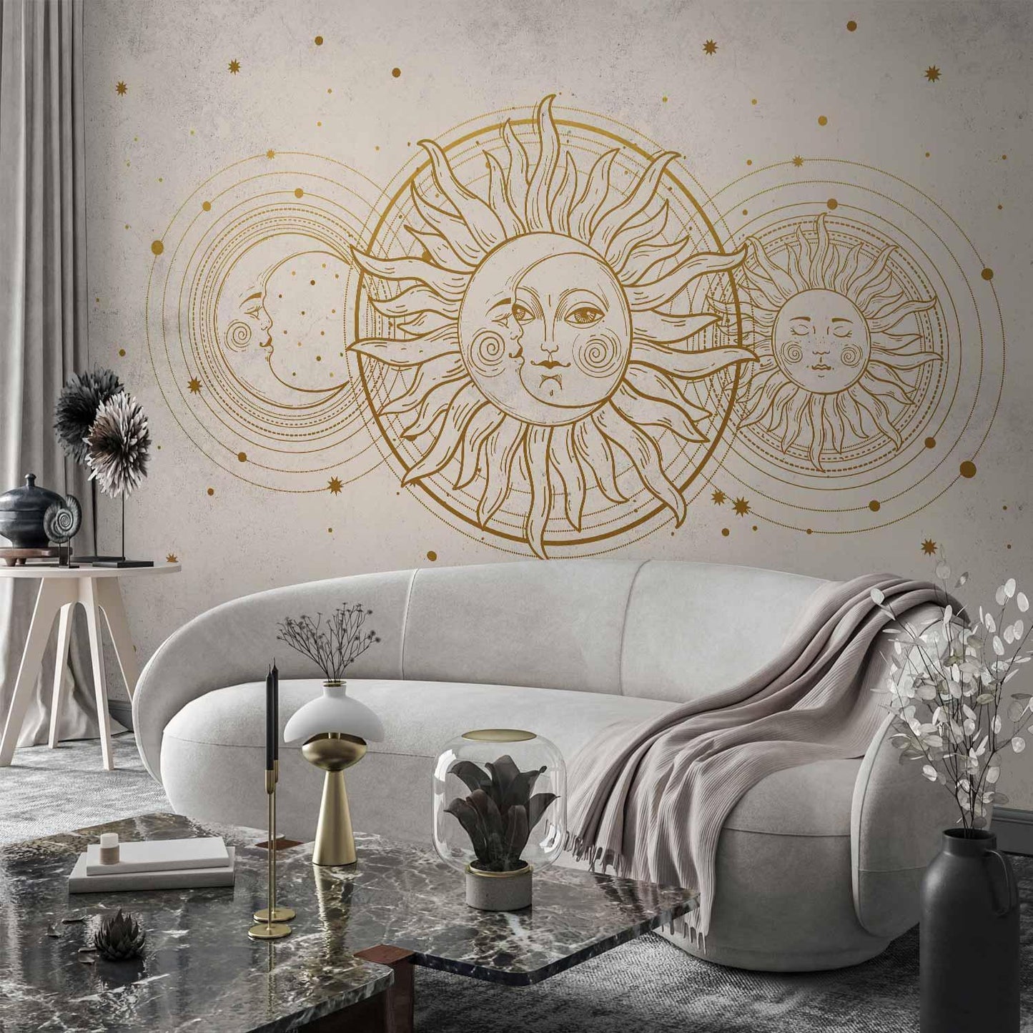 Fototapete - Golden Sun and Moon - Artistic Illustration in Retro Style Artgeist
