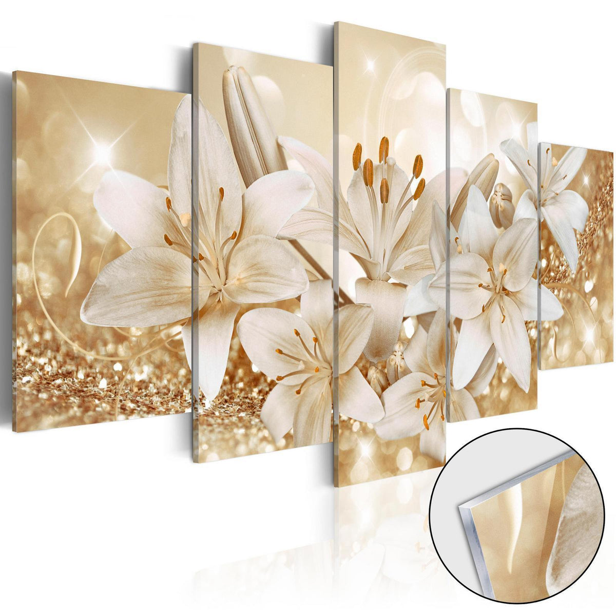 Wandbild Goldener Blütenstrauß – 5-teiliges Acrylglasbild mit weißen Lilien