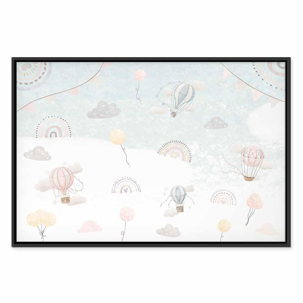 Leinwandbild - Sky with Balloons - Balloons in Subdued Colors Flying in the Sky Among Clouds Rainbows and Stars
