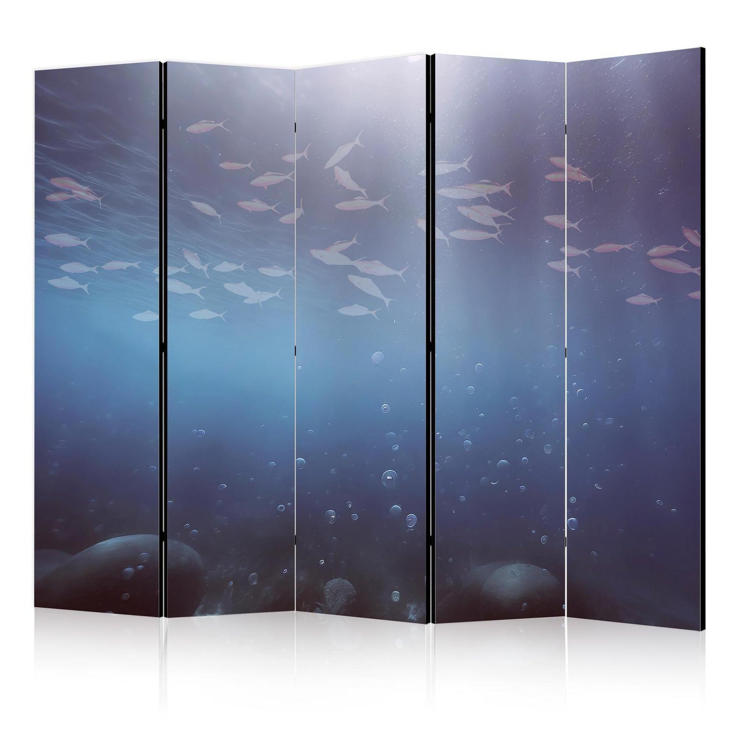 Paravent - School of Small Fish - Illuminated Oceanic Depth in Shades of Navy Purple and Gray with a Shoal of Tiny Fish Artgeist