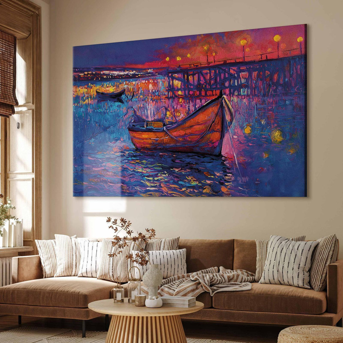 Wandbild XXL - Modern impressionism - night landscape of a lake with a floating boat